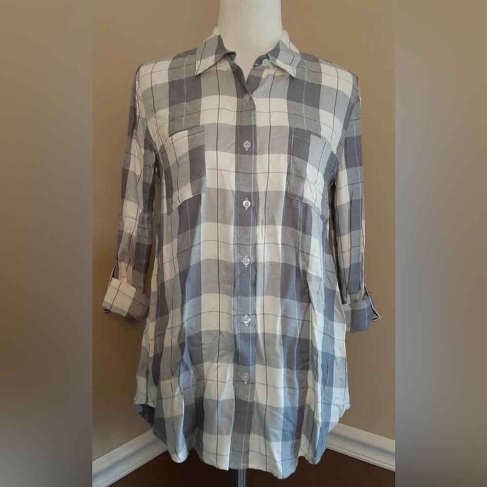 Gray Plaid Top Button Down Open-Back Roll-Tab Sle… - image 2